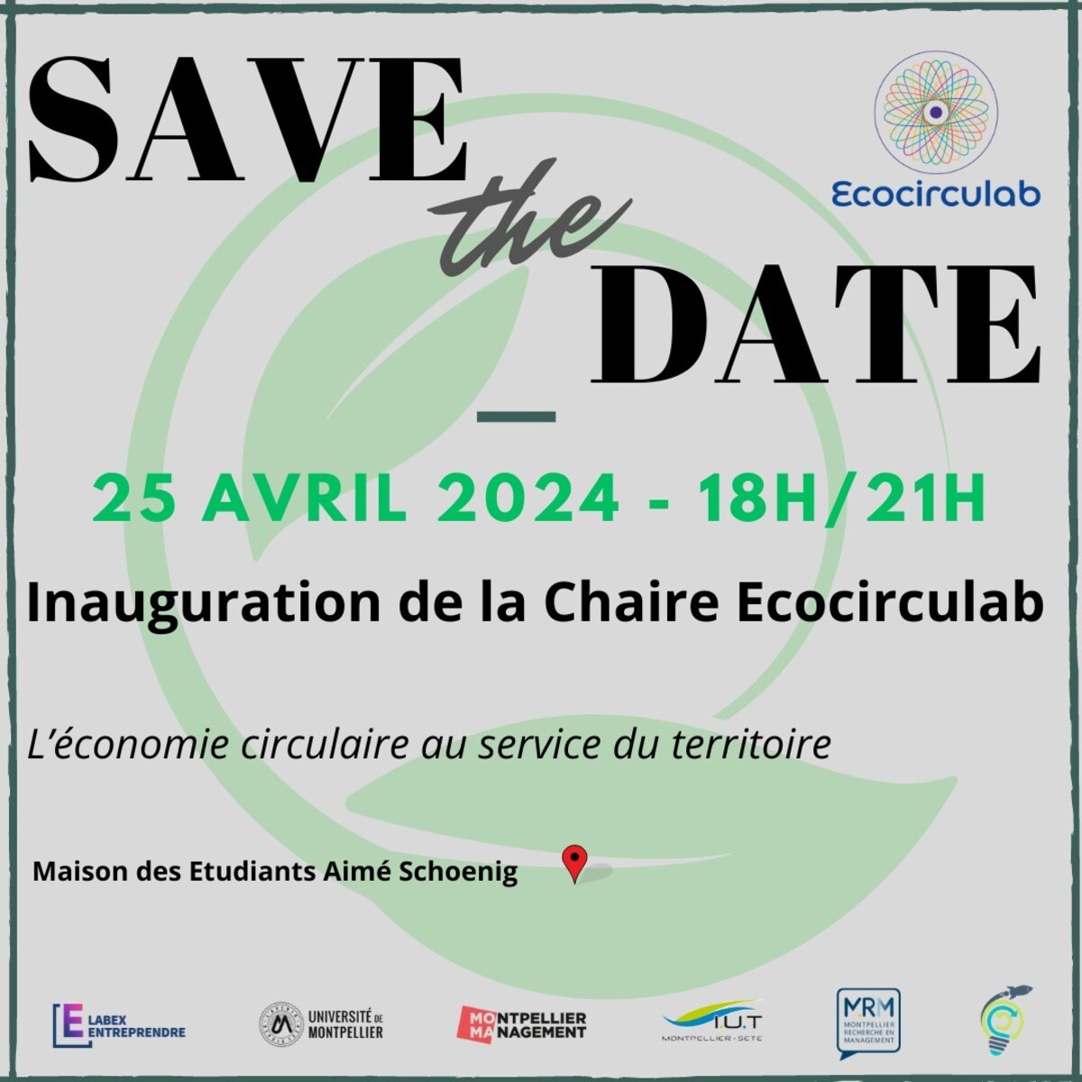 Invitation soirée d'inauguration Chaire Ecocirculab - 25 avril - Montpellier