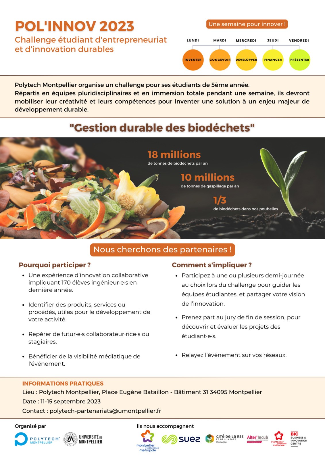Gestion durable des biodéchets - Challenge étudiant d'entrepreneuriat et d'innovation durables - Polytech Montpellier - 11-15 septembre 2023 